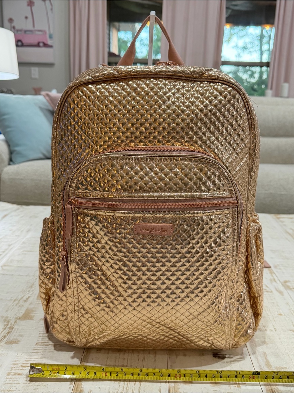 Vera Bradley Iconic Campus Backpack Quilted Metallic Rose Gold Shimmer Like New